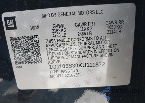 2019 Chevrolet Impala Premier from USA, damaged, VIN 1G1105S30KU111872